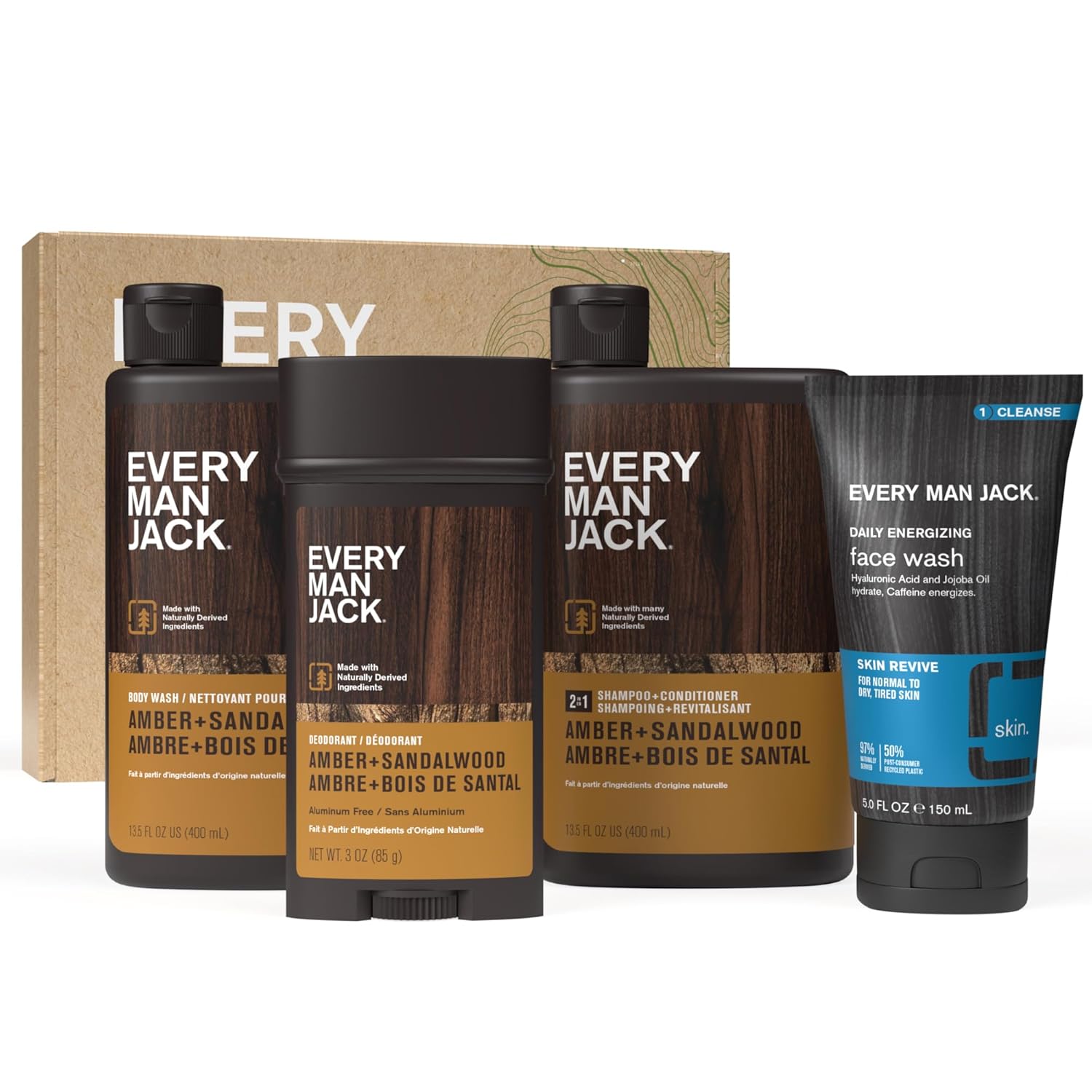 Every Man Jack Men’s Amber + Sandalwood Bath and Body Gift Set - Clean Ingredients & Sandalwood, Amber, and Vetiver scent - Round Out His Routine with Body Wash, 2-in-1 Shampoo, Deodorant & Face Wash-0