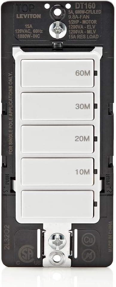 Leviton DT160-1LW Countdown Timer Switch for bathroom household lights, 10-20-30-60 min, No Neutral Required, Single Pole, 15A, 1/2HP/9.8A Fan/Motor, White, 15 Amp-0