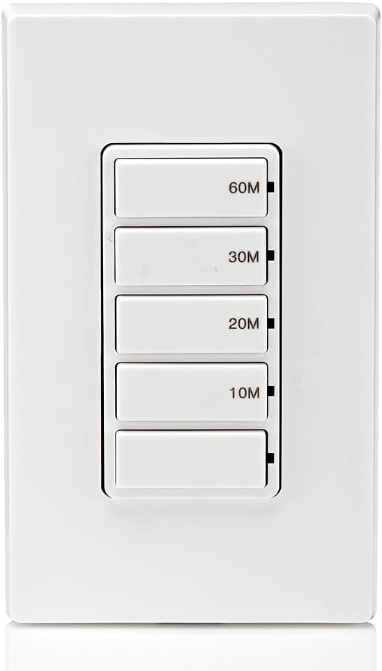 Leviton DT160-1LW Countdown Timer Switch for bathroom household lights, 10-20-30-60 min, No Neutral Required, Single Pole, 15A, 1/2HP/9.8A Fan/Motor, White, 15 Amp-11