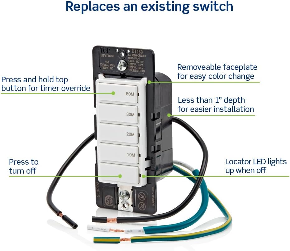 Leviton DT160-1LW Countdown Timer Switch for bathroom household lights, 10-20-30-60 min, No Neutral Required, Single Pole, 15A, 1/2HP/9.8A Fan/Motor, White, 15 Amp-2
