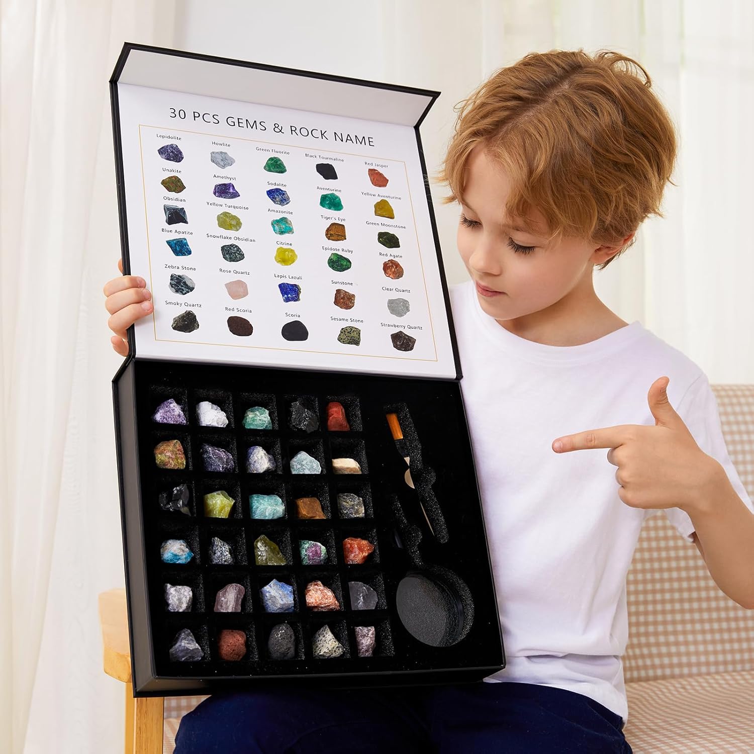 Rock Collection for Kids - 30 Pcs Rocks, Gemstones & Crystals Kit with learning Guide,Mineral Education Set Geology Science STEM Toys, Earth Science Activity,Gifts for Boys & Girls-0