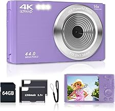 Digital Camera for Teens, FHD 4K 44MP Digital Camera Purple with 64GB SD Card 16X Digital Zoom, Cameras for Photography Compact Point and Shoot Camera for Teen Boys Girls Kids Camera Digital Purple