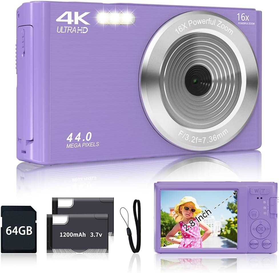 Digital Camera for Teens, FHD 4K 44MP Digital Camera Purple with 64GB SD Card 16X Digital Zoom, Cameras for Photography Compact Point and Shoot Camera for Teen Boys Girls Kids Camera Digital Purple-0