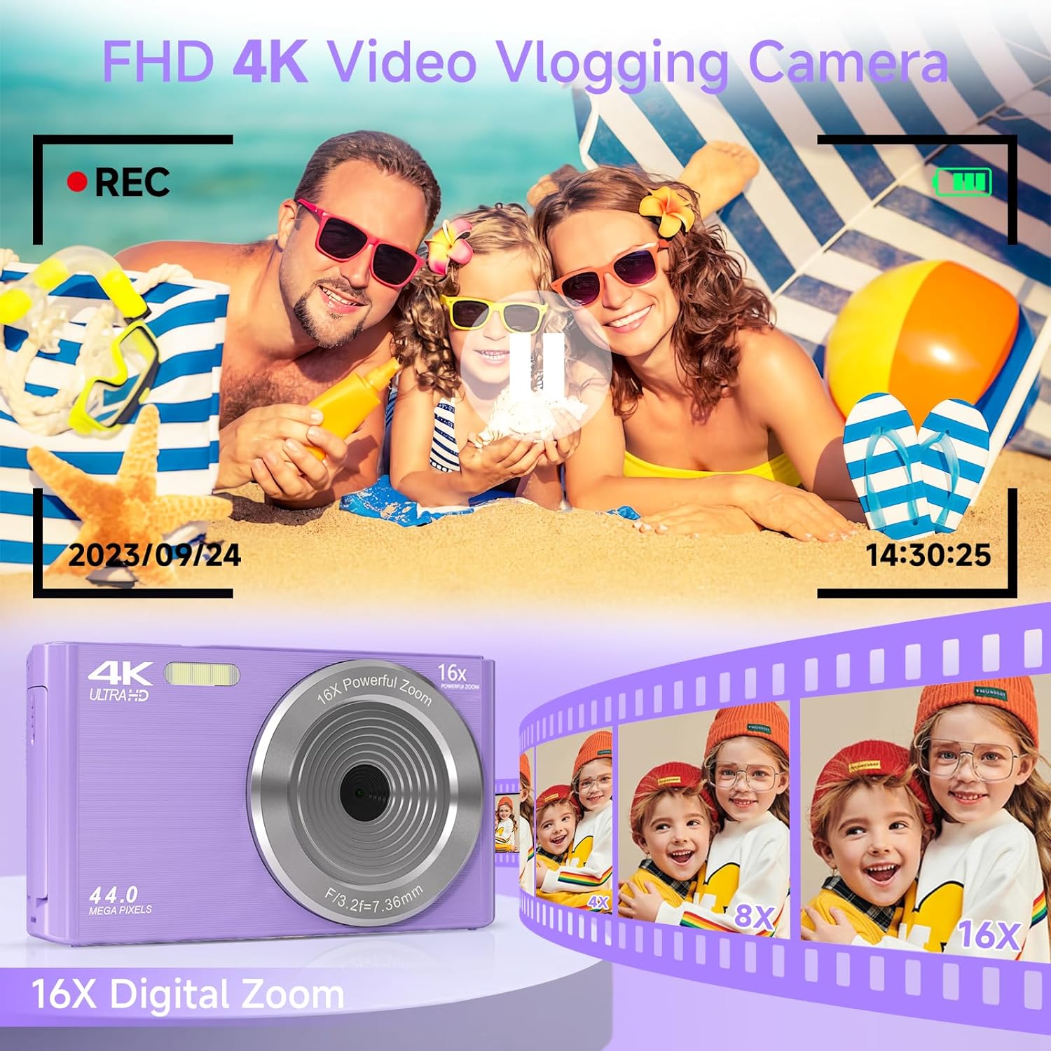 Digital Camera for Teens, FHD 4K 44MP Digital Camera Purple with 64GB SD Card 16X Digital Zoom, Cameras for Photography Compact Point and Shoot Camera for Teen Boys Girls Kids Camera Digital Purple-2