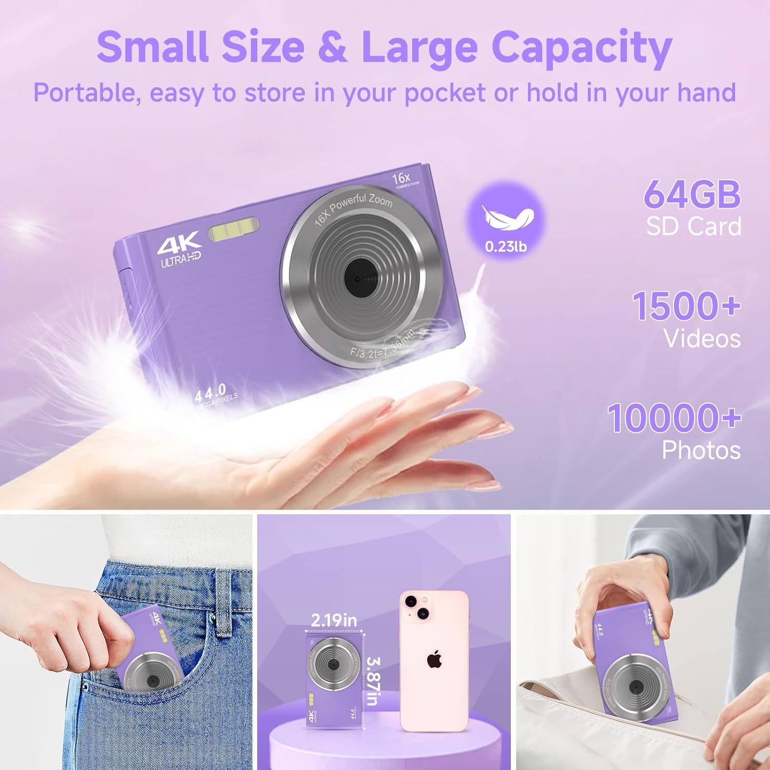 Digital Camera for Teens, FHD 4K 44MP Digital Camera Purple with 64GB SD Card 16X Digital Zoom, Cameras for Photography Compact Point and Shoot Camera for Teen Boys Girls Kids Camera Digital Purple-5