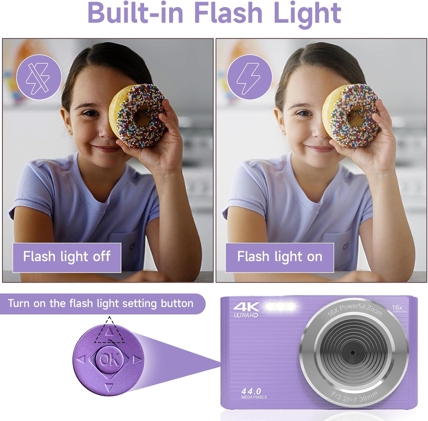 Digital Camera for Teens, FHD 4K 44MP Digital Camera Purple with 64GB SD Card 16X Digital Zoom, Cameras for Photography Compact Point and Shoot Camera for Teen Boys Girls Kids Camera Digital Purple-6