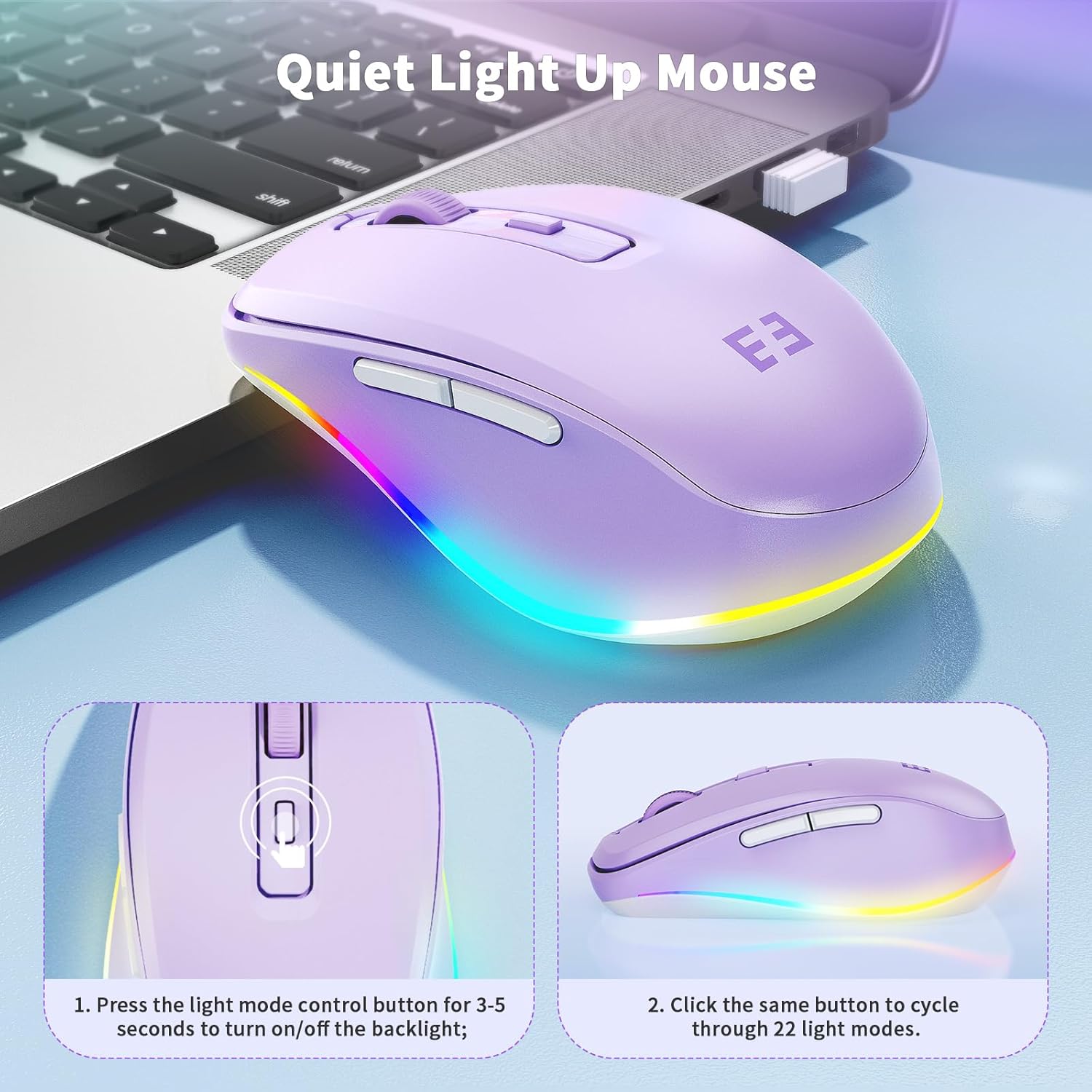 seenda Wireless Mouse, Bluetooth Mouse with Jiggler - Multi-Device Light Up Mouse for Laptop with Build-in Jiggler Mover Compatible with Mac OS, Windows, Android Computers - Purple-1