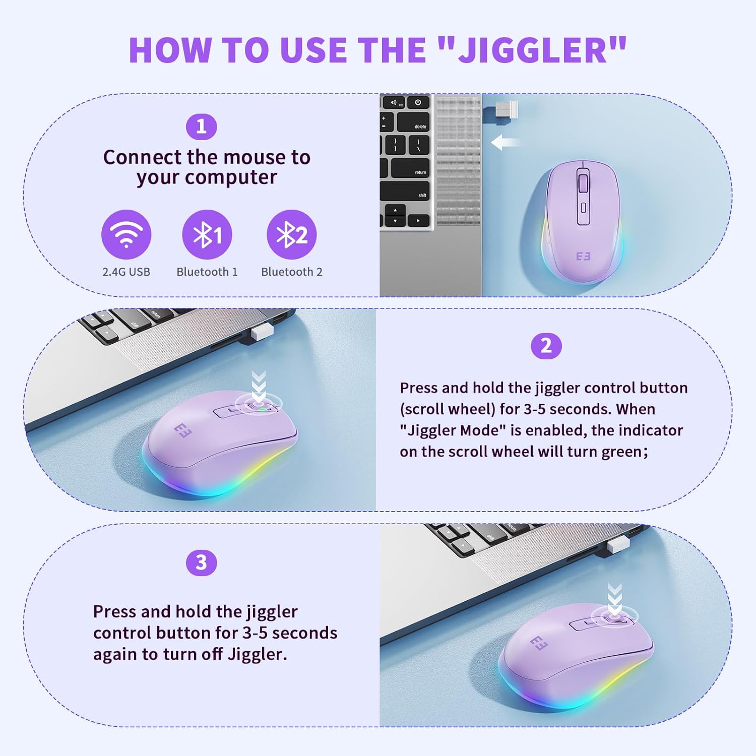 seenda Wireless Mouse, Bluetooth Mouse with Jiggler - Multi-Device Light Up Mouse for Laptop with Build-in Jiggler Mover Compatible with Mac OS, Windows, Android Computers - Purple-3