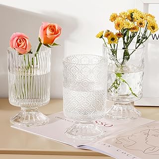 Fixwal Vases for Flowers Set of 3 Vintage Glass Vase for Centerpieces, Embossed Base Vases for Wedding Decoration (H:7" D:4"), Ribbed Glass Containers for Organization for Home Decor