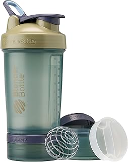 BlenderBottle Shaker Bottle with Pill Organizer and Storage for Protein Powder, Classic V2 ProStak System, 22-Ounce, Tan