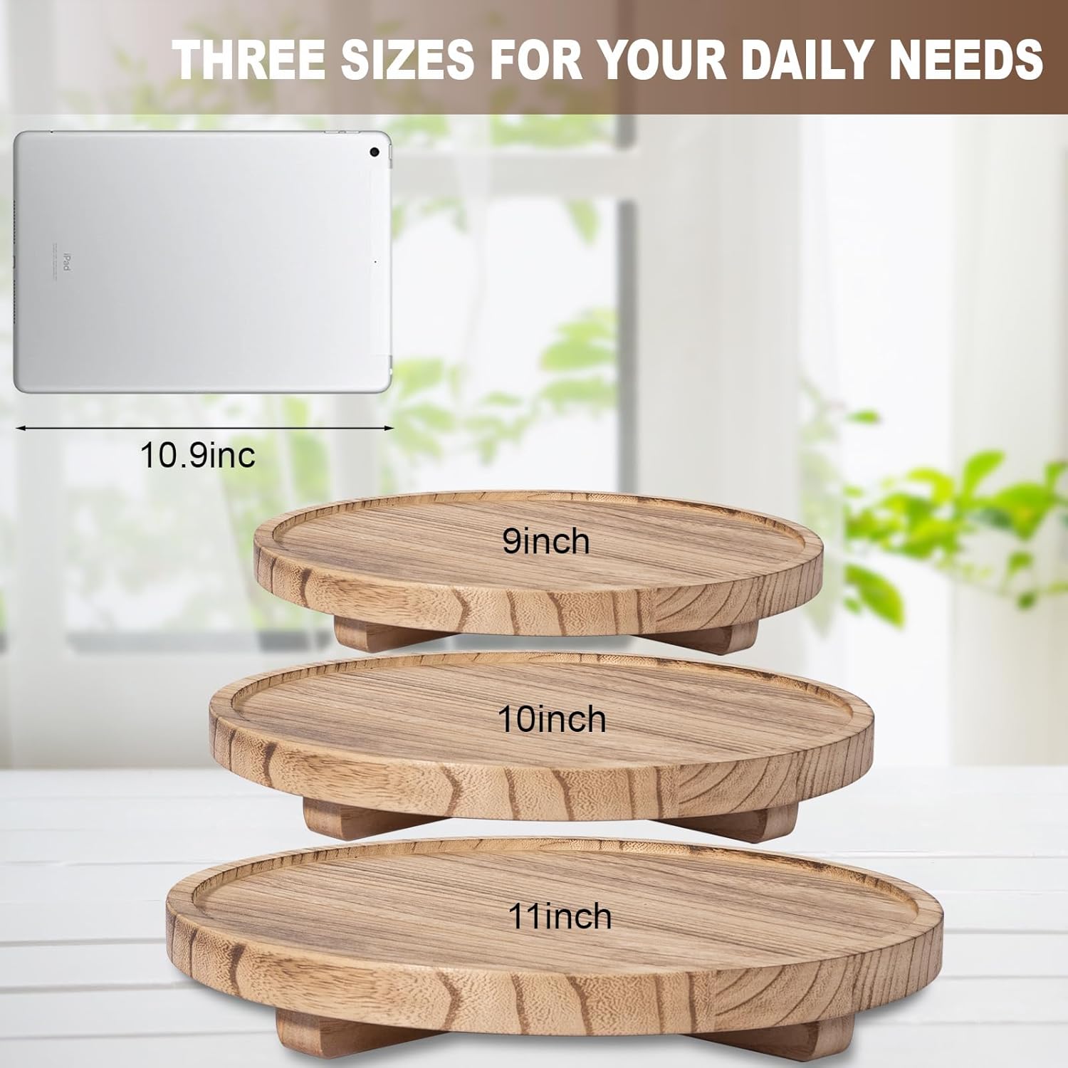 Round Decorative Tray Wood Bathroom Counter Organizer Farmhouse Kitchen Decor Wooden Riser for Soap Dish, Perfume, Candle, Sponge, 10" - Brown-6