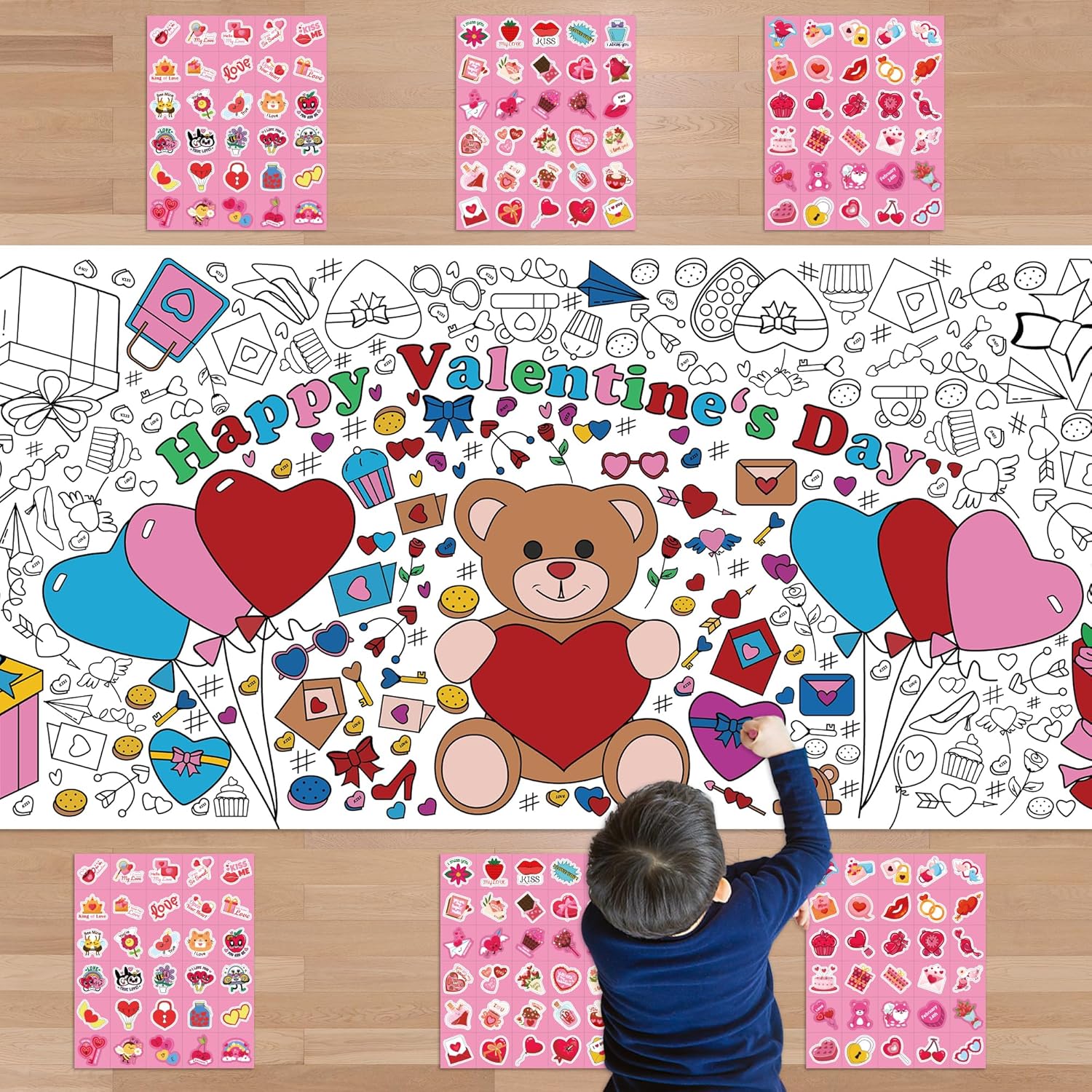 OHOME 180 PCS Valentines Day Stickers - Valentines Coloring Tablecloth with Valentines Stickers for Kids - Valentines Day Gifts for Kids - Kids Valentines Day Gifts for School Classroom-0