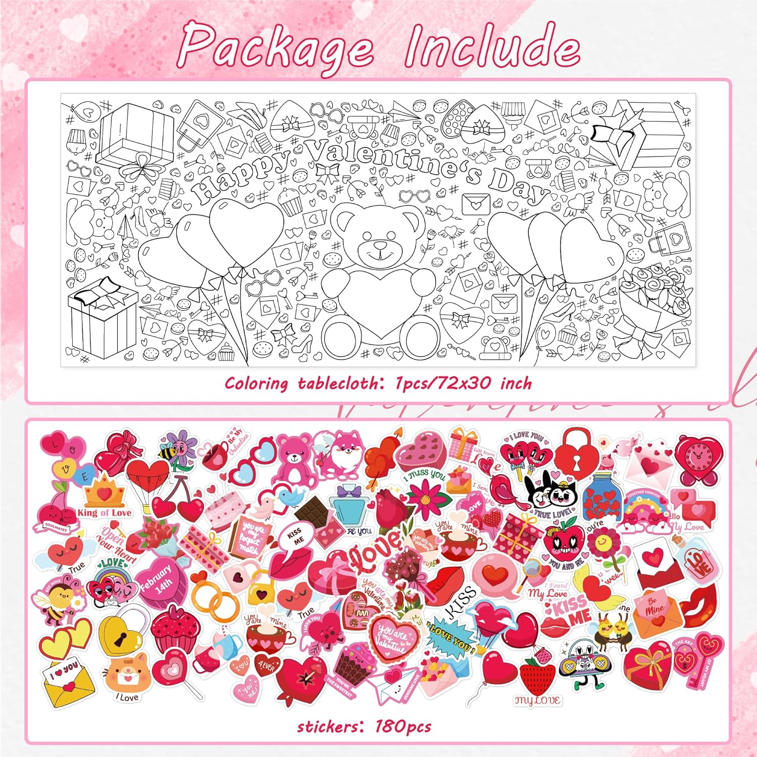 OHOME 180 PCS Valentines Day Stickers - Valentines Coloring Tablecloth with Valentines Stickers for Kids - Valentines Day Gifts for Kids - Kids Valentines Day Gifts for School Classroom-1