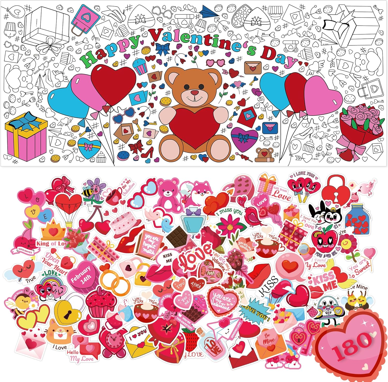 OHOME 180 PCS Valentines Day Stickers - Valentines Coloring Tablecloth with Valentines Stickers for Kids - Valentines Day Gifts for Kids - Kids Valentines Day Gifts for School Classroom-5