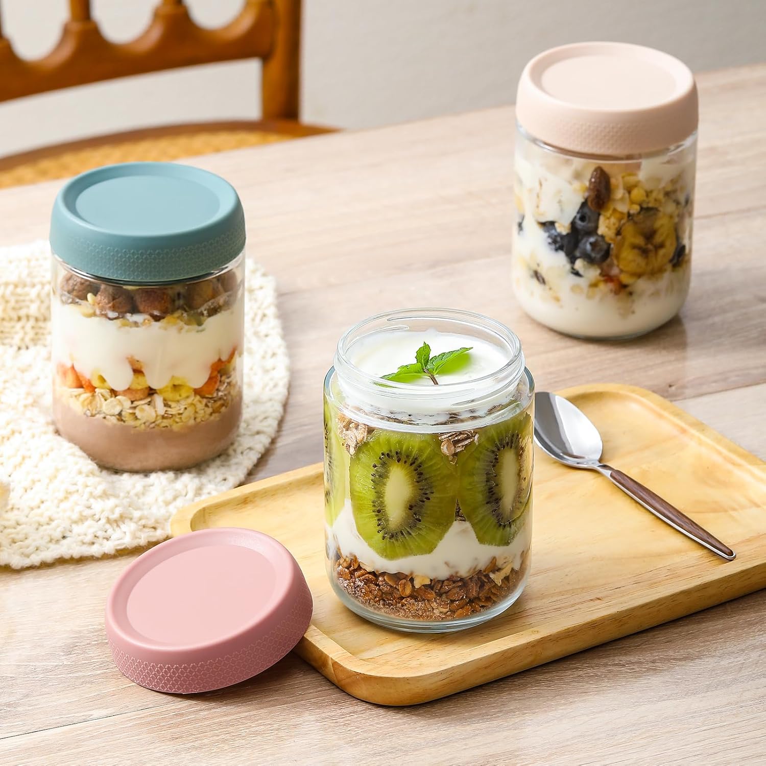 NETANY 3-pack 16oz Glass jars with Airtight Lids, Overnight Oats Containers with Lids, Wide mouth Mason Salad jars, Glass Food Storage Containers for Snacks Yogurt Spice Sugar-4