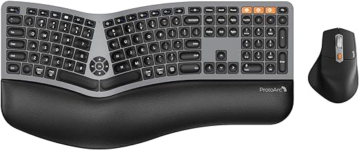 ProtoArc Ergonomic Wireless Keyboard Mouse, EKM01 Plus Full Size Ergo Bluetooth Keyboard Mouse Combo, Split Design, Wrist Rest, Multi-Device, Rechargeable, for Windows/Mac OS