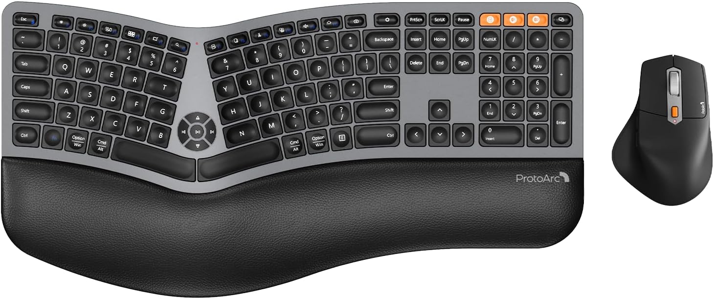 ProtoArc Ergonomic Wireless Keyboard Mouse, EKM01 Plus Full Size Ergo Bluetooth Keyboard Mouse Combo, Split Design, Wrist Rest, Multi-Device, Rechargeable, for Windows/Mac OS-0