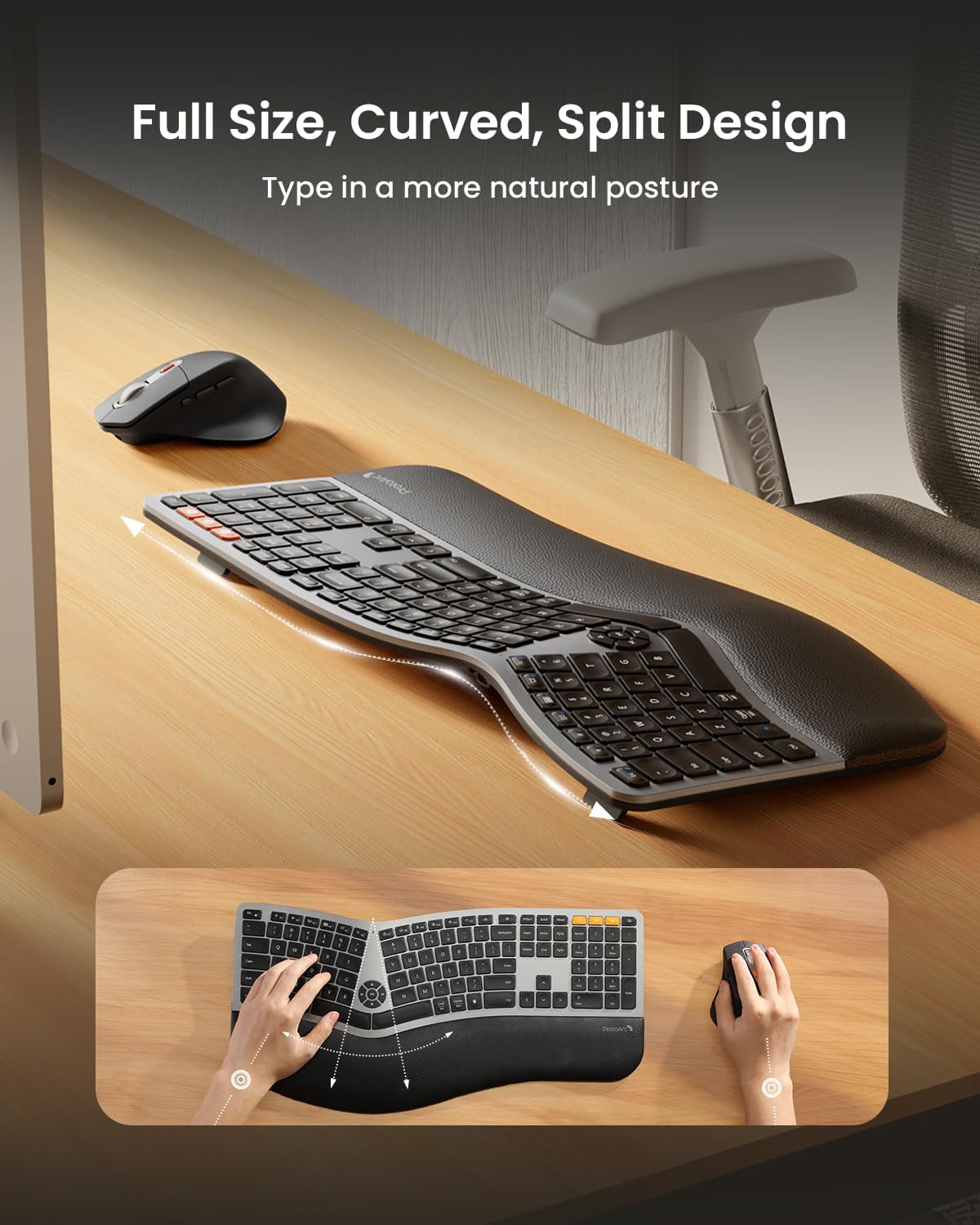 ProtoArc Ergonomic Wireless Keyboard Mouse, EKM01 Plus Full Size Ergo Bluetooth Keyboard Mouse Combo, Split Design, Wrist Rest, Multi-Device, Rechargeable, for Windows/Mac OS-1