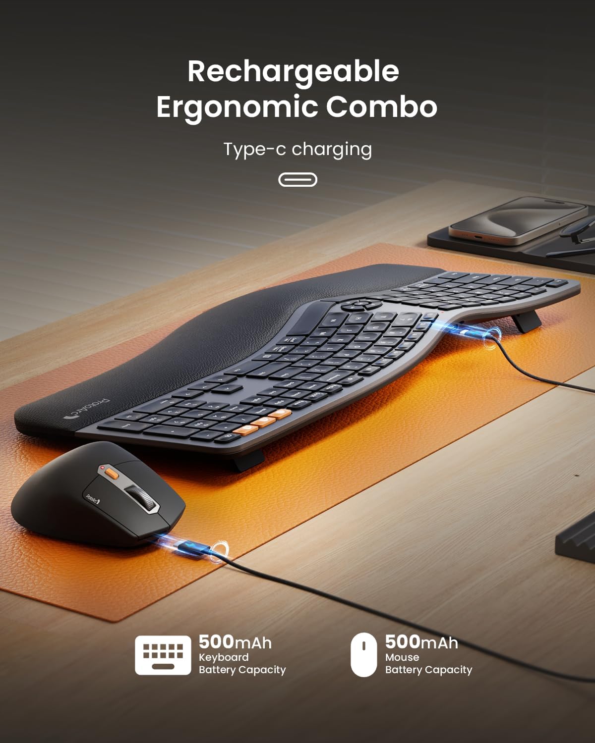 ProtoArc Ergonomic Wireless Keyboard Mouse, EKM01 Plus Full Size Ergo Bluetooth Keyboard Mouse Combo, Split Design, Wrist Rest, Multi-Device, Rechargeable, for Windows/Mac OS-6