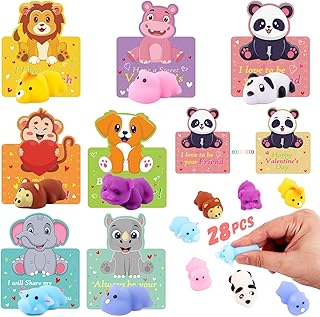 Valentines Day Gifts for Kids, 28 Pack Mochi Squishy Toys with Valentines Day Cards for Kids, 3D Changing Face Moving Cards, Valentines Day Exchange Cards Mini Animal Stress Relief Toy Party Favors