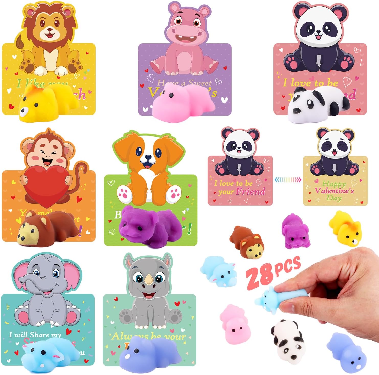 Valentines Day Gifts for Kids, 28 Pack Mochi Squishy Toys with Valentines Day Cards for Kids, 3D Changing Face Moving Cards, Valentines Day Exchange Cards Mini Animal Stress Relief Toy Party Favors-0