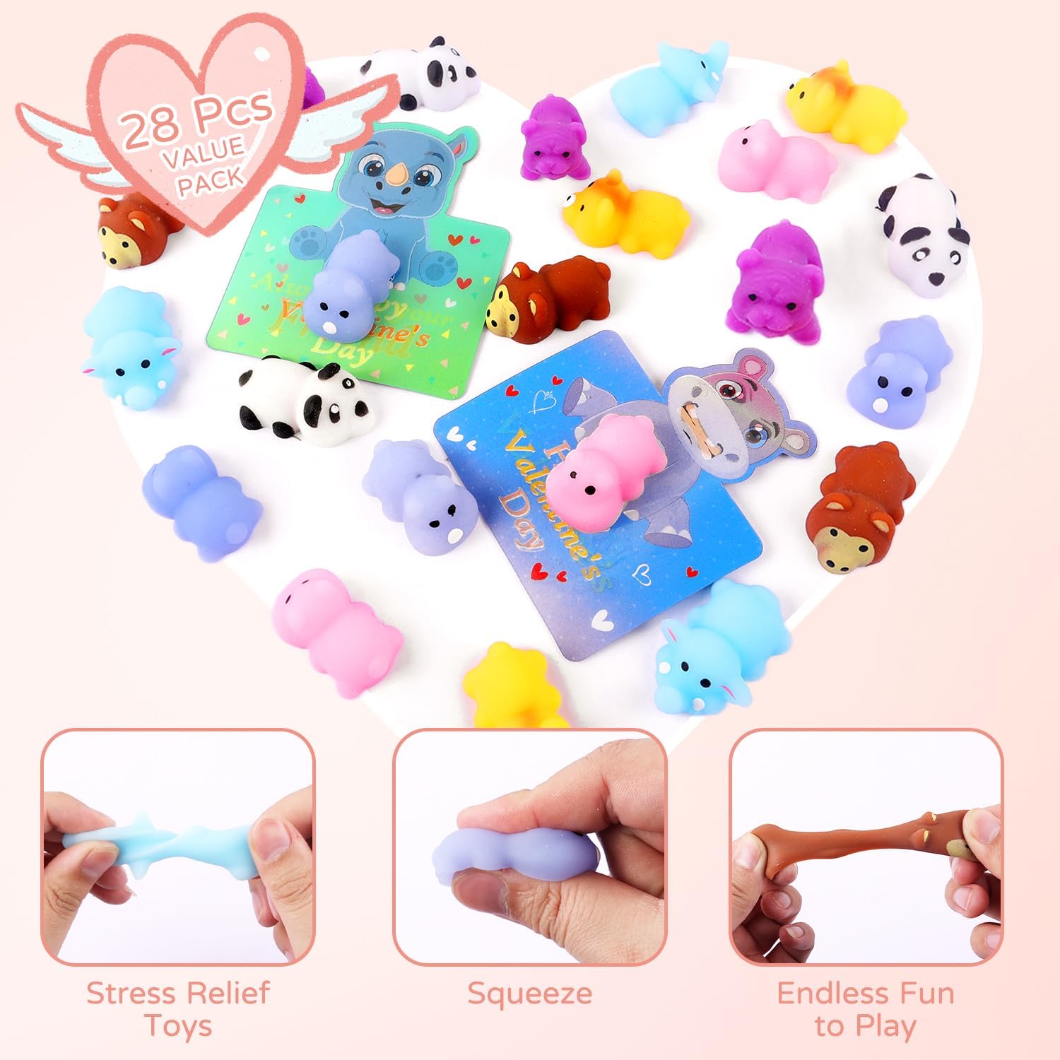 Valentines Day Gifts for Kids, 28 Pack Mochi Squishy Toys with Valentines Day Cards for Kids, 3D Changing Face Moving Cards, Valentines Day Exchange Cards Mini Animal Stress Relief Toy Party Favors-5