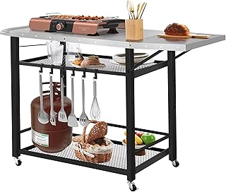 Rengue Outdoor Grill Cart Table with 4 Wheels, Movable Pizza Oven Stand Table with Foldable Side Table, 3-Shelf Outdoor Cooking Prep Table Stainless Steel Rolling Cart for BBQ, Camping