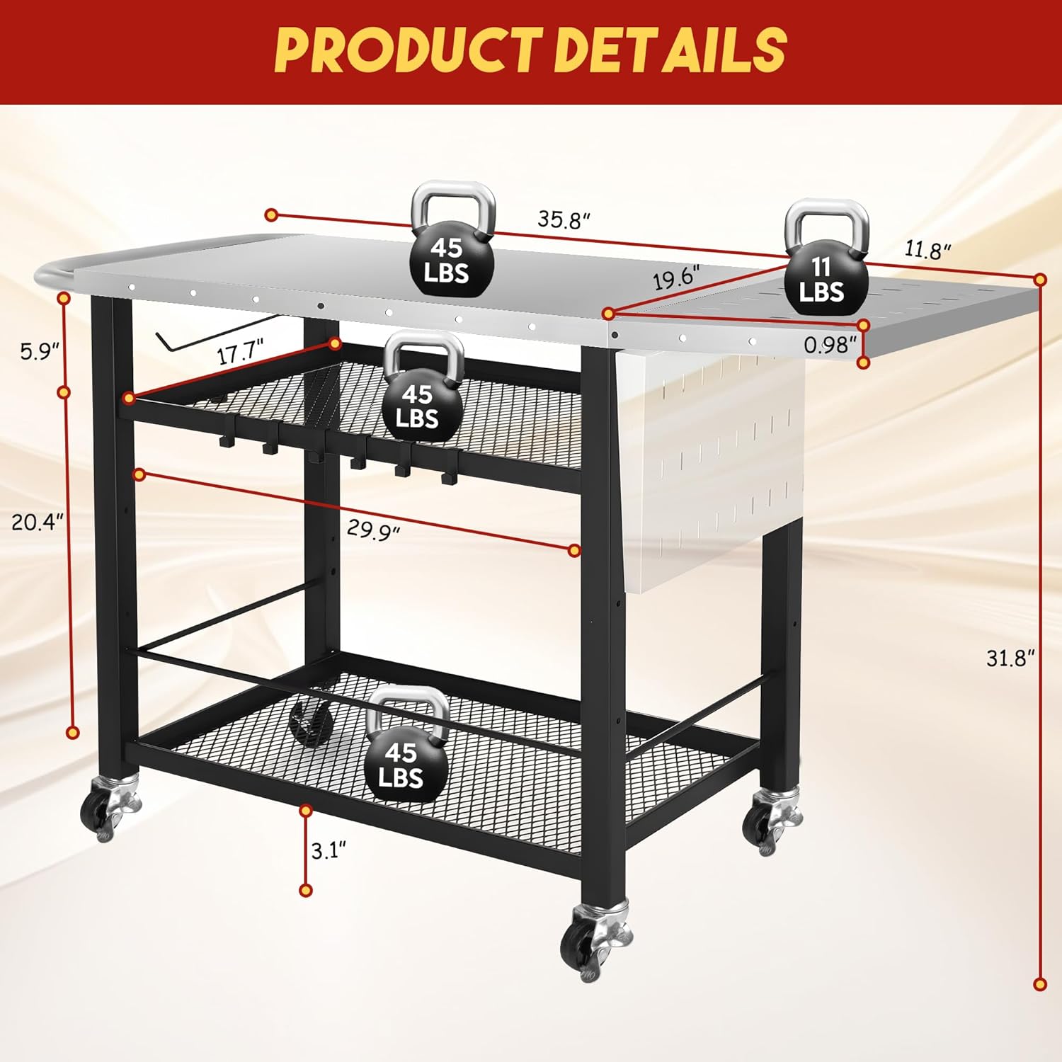 Rengue Outdoor Grill Cart Table with 4 Wheels, Movable Pizza Oven Stand Table with Foldable Side Table, 3-Shelf Outdoor Cooking Prep Table Stainless Steel Rolling Cart for BBQ, Camping-2