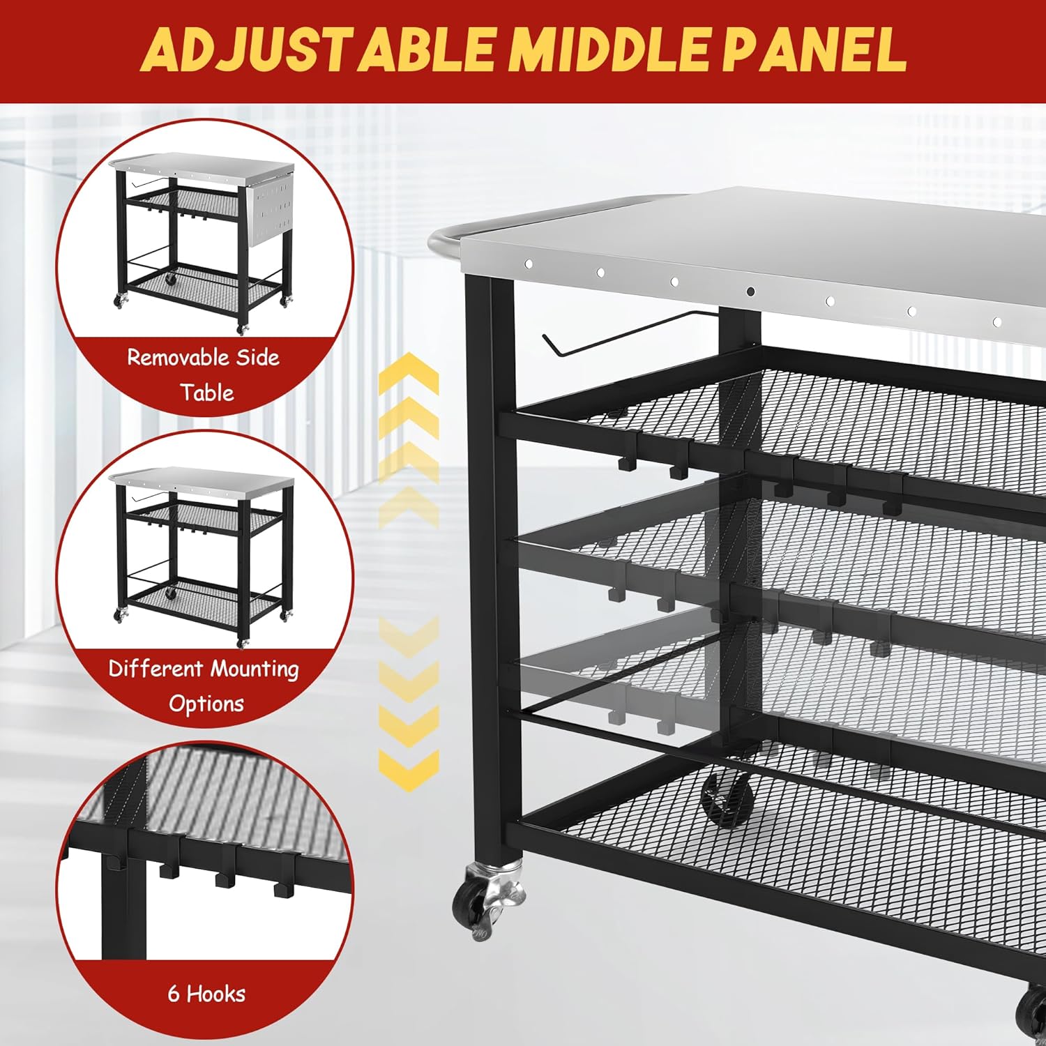 Rengue Outdoor Grill Cart Table with 4 Wheels, Movable Pizza Oven Stand Table with Foldable Side Table, 3-Shelf Outdoor Cooking Prep Table Stainless Steel Rolling Cart for BBQ, Camping-3