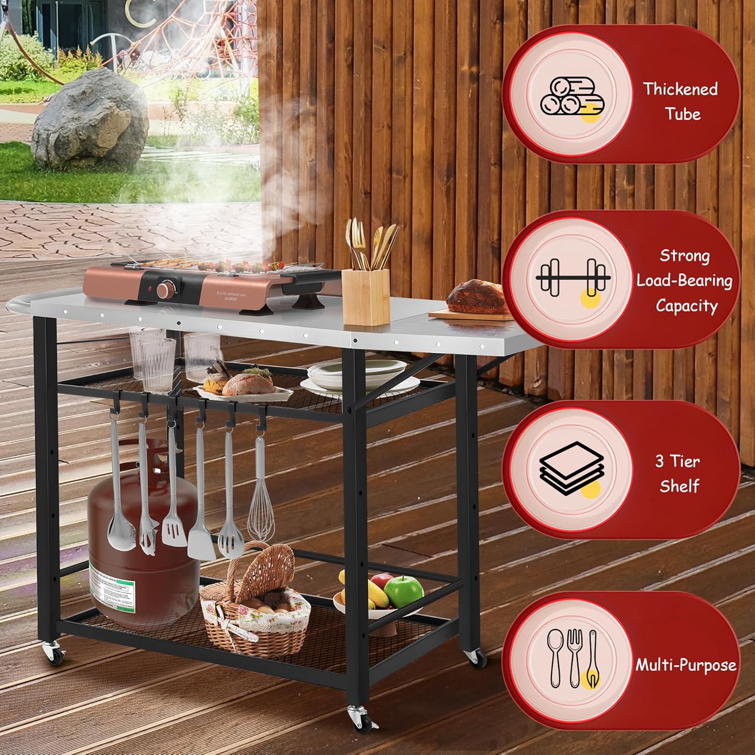 Rengue Outdoor Grill Cart Table with 4 Wheels, Movable Pizza Oven Stand Table with Foldable Side Table, 3-Shelf Outdoor Cooking Prep Table Stainless Steel Rolling Cart for BBQ, Camping-6