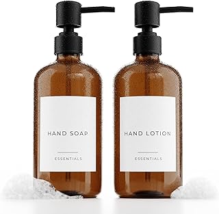 Stylish Soap Dispenser Set of 2 for Kitchen Or Bathroom - Quality 21oz Dish and Hand Soap Dispensers - Extra Durable Amber Dispensers Perfectly Enhance Your Bathroom Or Kitchen