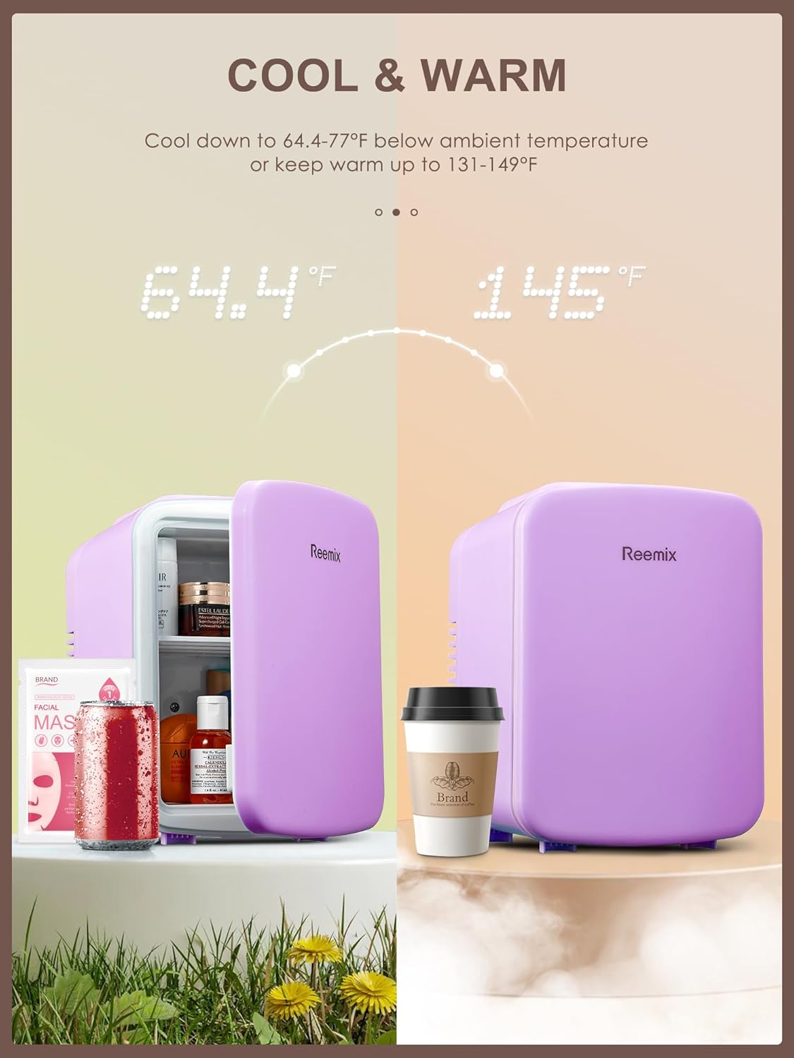 Mini Fridge, 3.7 Liter/6 Can Portable Cooler and Warmer Personal Refrigerator for Skin Care, Cosmetics, Beverage, Food,Great for Bedroom, Office, Car, Freon-Free (Purple)-2