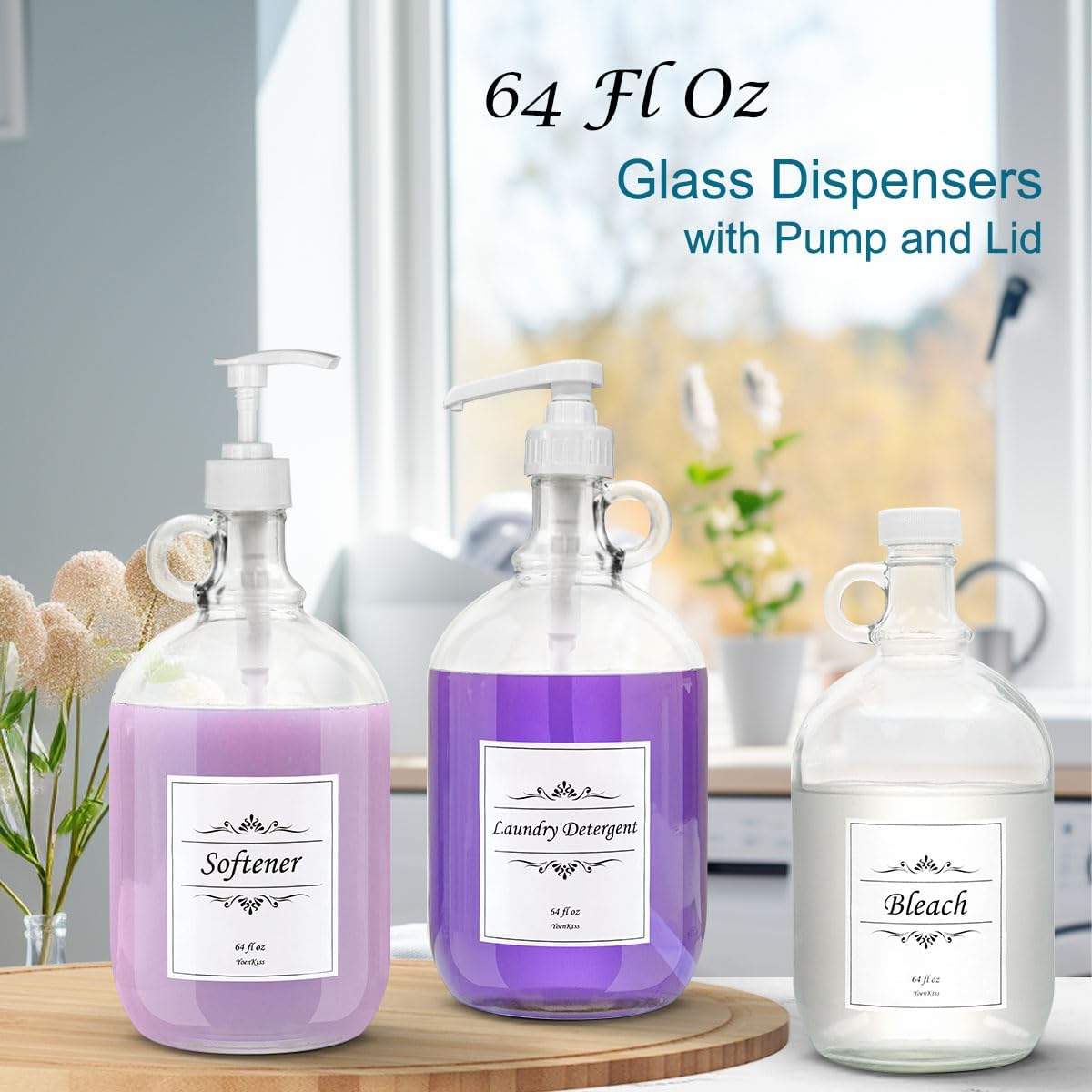 2 Pack Laundry Detergent Dispenser with Pump and Lid, 64 Oz Glass Bottles for Laundry Room Organization and Storage, Fabric Softener Dispenser for Washer-1