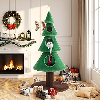 Allewie 63 Inches Cat Tree for Indoor Cat/Cat Tower with 3 Condos/ 5ft Cat Christmas Tree Party Decoration/Cat Activity Center Play House and Beds/Green