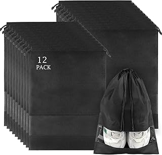 COIDEA 12 Pack Shoe Bags for Travel, Large Travel Shoe Bags for Packing with Clear Window, Dustproof Drawstring Travel Shoe Storage Bags Travel Essentials for Men & Women, Black