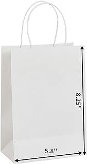 METAPRINT 50 Pack Small Gift Bags 5.8x3.2x8.25 Inch White Paper Bags with Handles Bulk, Kraft Paper Bags for Party favor, Retail, Grocery Sacks