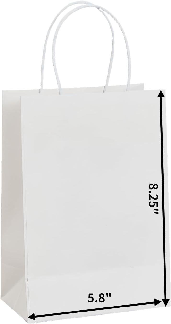 METAPRINT 50 Pack Small Gift Bags 5.8x3.2x8.25 Inch White Paper Bags with Handles Bulk, Kraft Paper Bags for Party favor, Retail, Grocery Sacks-0