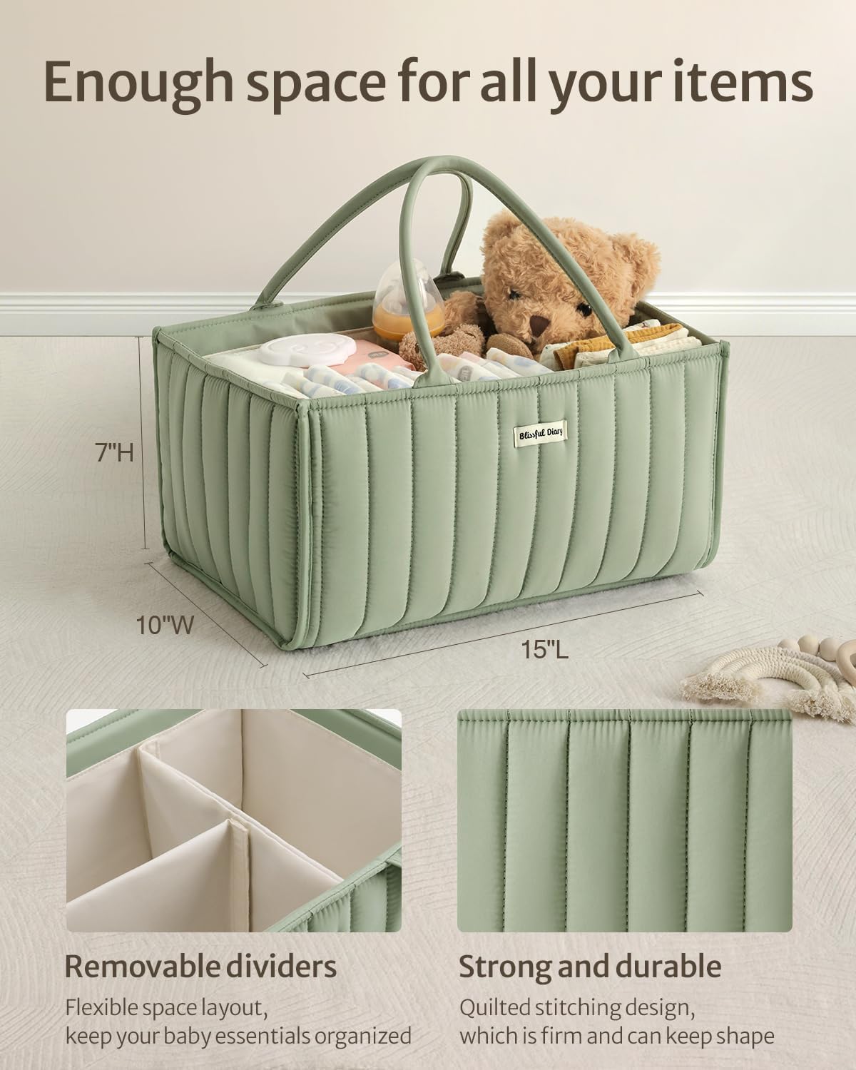 Blissful Diary Baby Diaper Caddy Organizer, Stylish Nursery Storage Basket - Gift for Baby Shower, Baby Registry Must Have, Newborn Essentials - Baby Caddy Organizer for Diaper Station - Sage Green-2