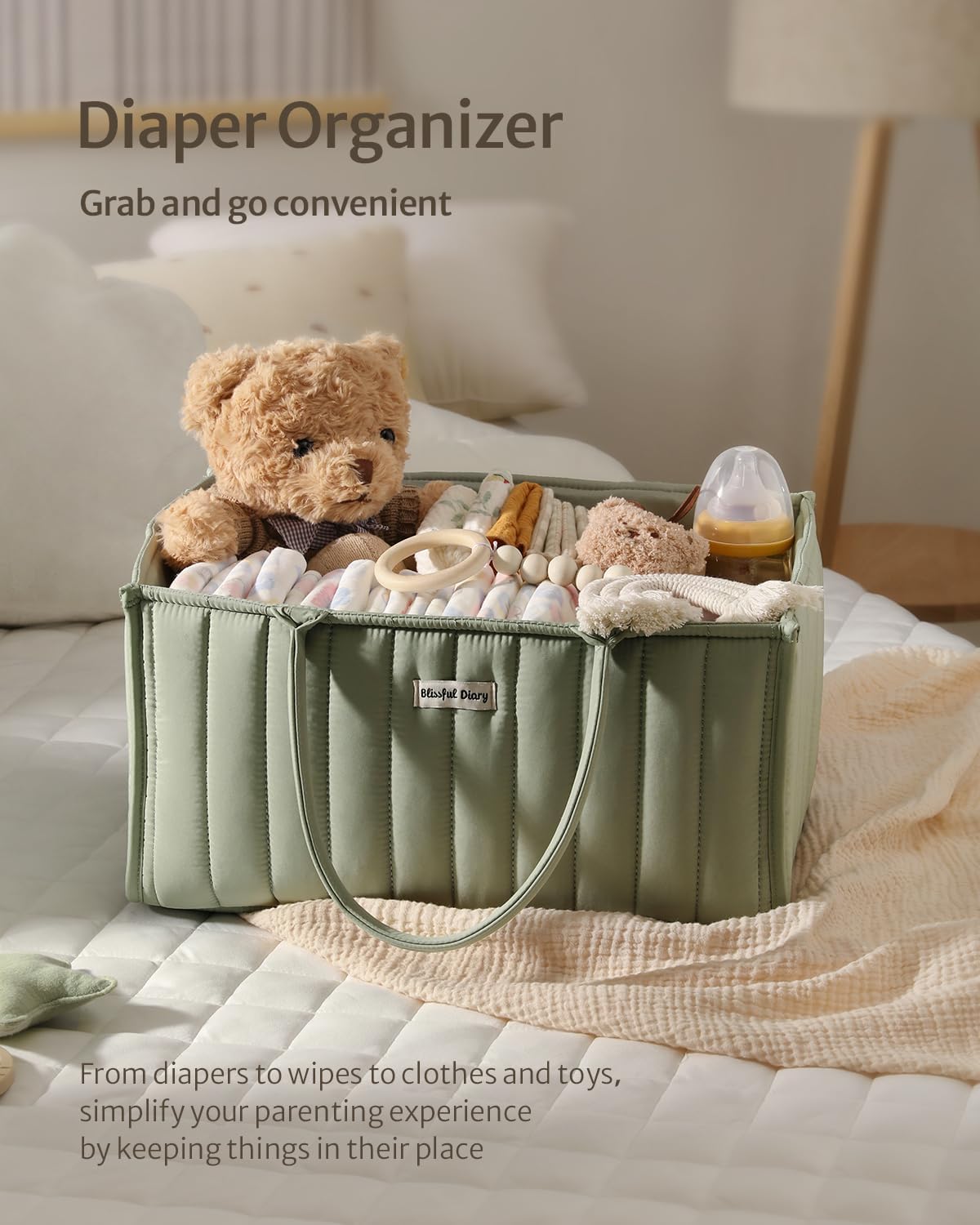 Blissful Diary Baby Diaper Caddy Organizer, Stylish Nursery Storage Basket - Gift for Baby Shower, Baby Registry Must Have, Newborn Essentials - Baby Caddy Organizer for Diaper Station - Sage Green-3