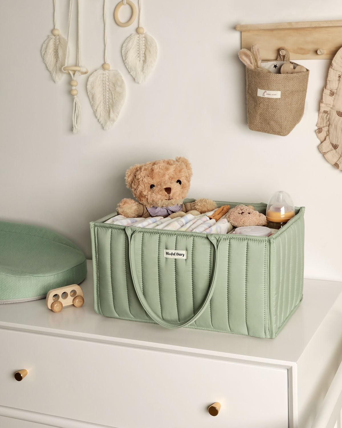 Blissful Diary Baby Diaper Caddy Organizer, Stylish Nursery Storage Basket - Gift for Baby Shower, Baby Registry Must Have, Newborn Essentials - Baby Caddy Organizer for Diaper Station - Sage Green-6