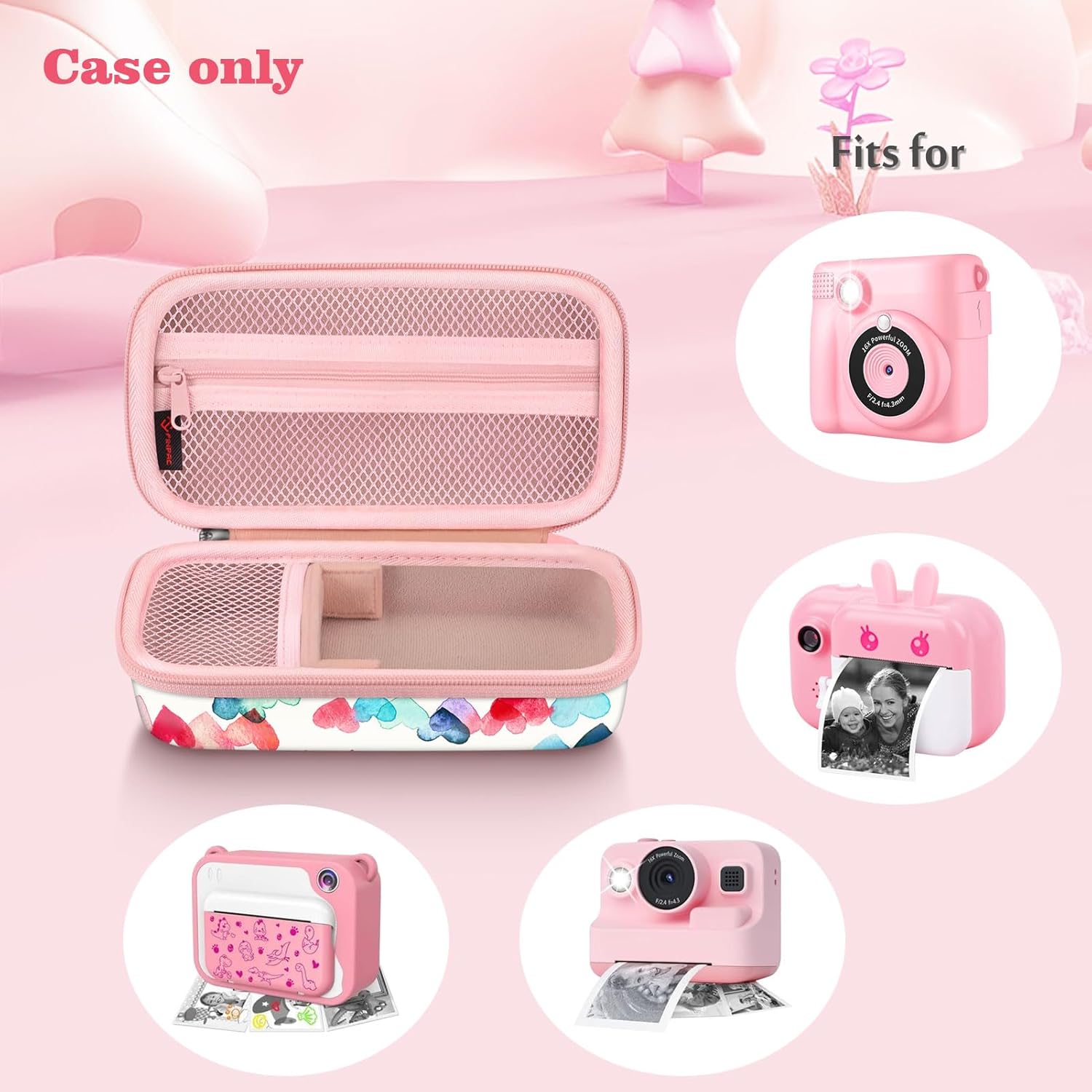 Fintie Kids Camera Case Compatible with ESOXOFFORE, MINIBEAR, Dylanto, WEEFUN and More Instant Camera for Kids Digital Video Cameras, Hard Carrying Bag with Inner Pocket, Raining Hearts-1