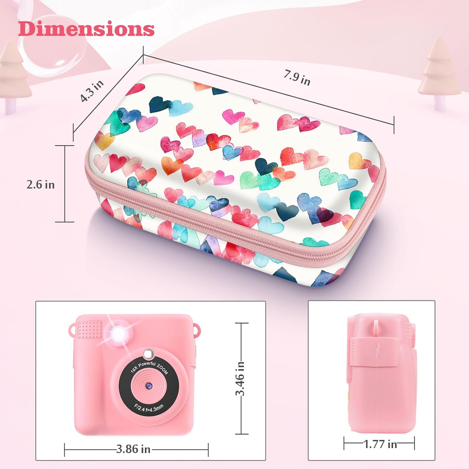 Fintie Kids Camera Case Compatible with ESOXOFFORE, MINIBEAR, Dylanto, WEEFUN and More Instant Camera for Kids Digital Video Cameras, Hard Carrying Bag with Inner Pocket, Raining Hearts-2