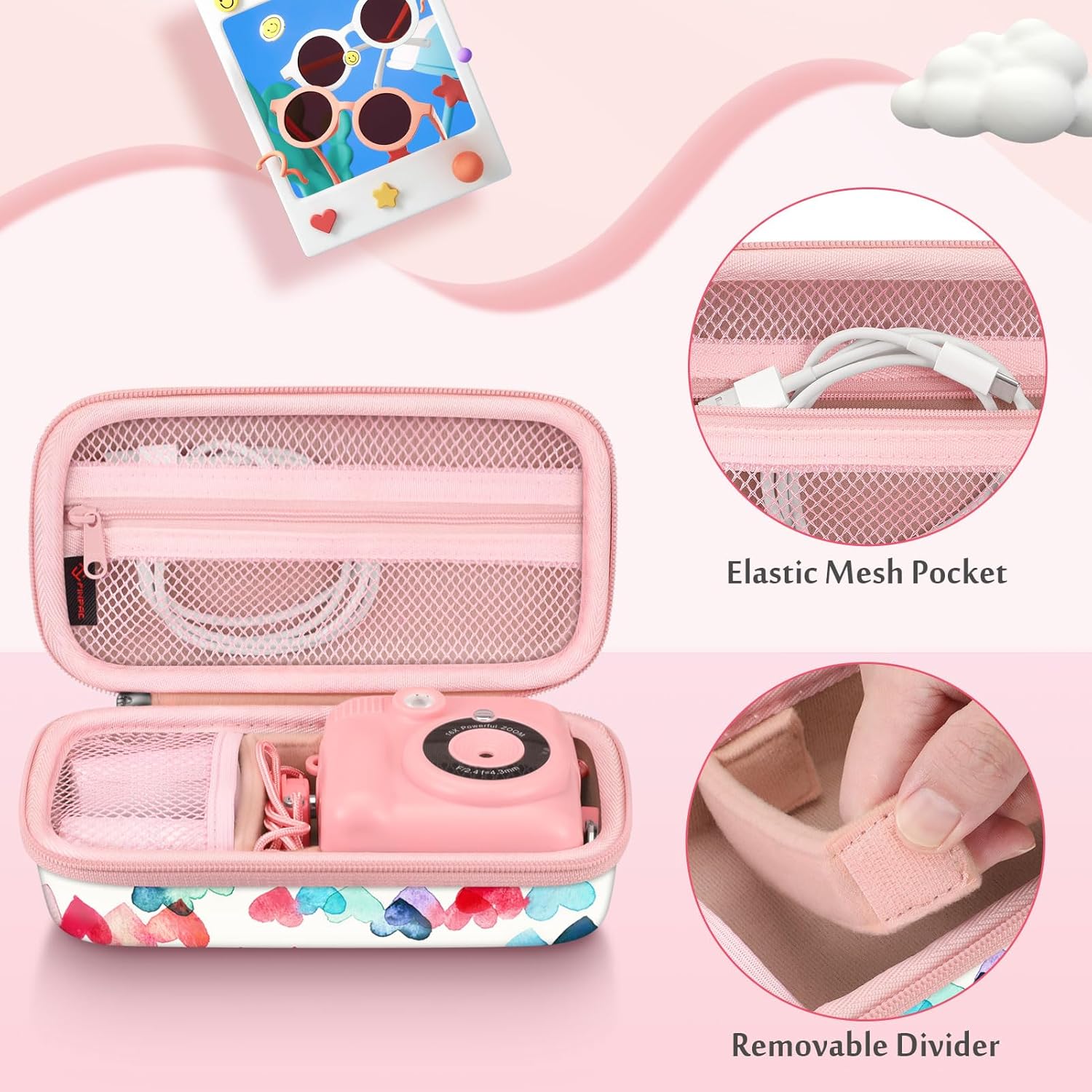 Fintie Kids Camera Case Compatible with ESOXOFFORE, MINIBEAR, Dylanto, WEEFUN and More Instant Camera for Kids Digital Video Cameras, Hard Carrying Bag with Inner Pocket, Raining Hearts-3