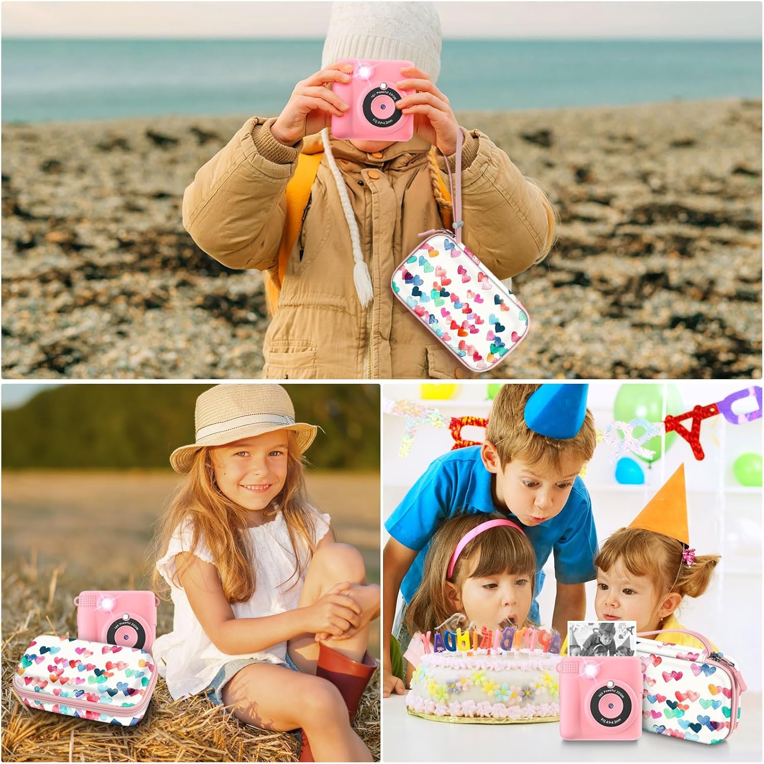 Fintie Kids Camera Case Compatible with ESOXOFFORE, MINIBEAR, Dylanto, WEEFUN and More Instant Camera for Kids Digital Video Cameras, Hard Carrying Bag with Inner Pocket, Raining Hearts-6