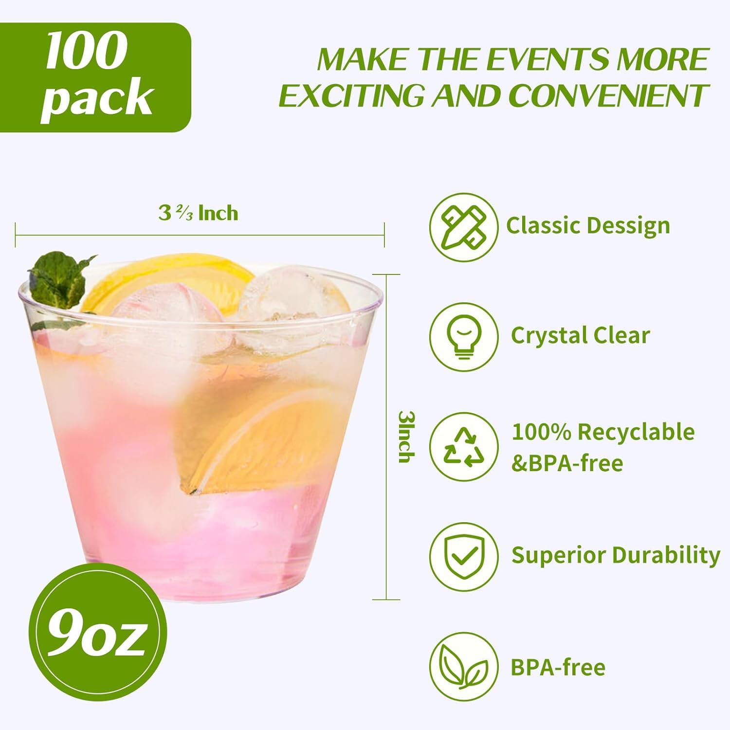 RACETOP 9 oz Clear Disposable Plastic Cups [100 Pack], Clear Plastic Cups Tumblers, Heavy-duty Party Glasses, Disposable Cups-3