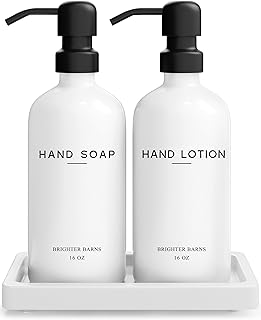 White Glass Soap and Lotion Dispenser Set with Tray by Brighter Barns - Hand Soap Dispenser Bathroom Set & Stainless Steel Pump for Home or Vacation Rental - White Bathroom Accessories & Decor (White)