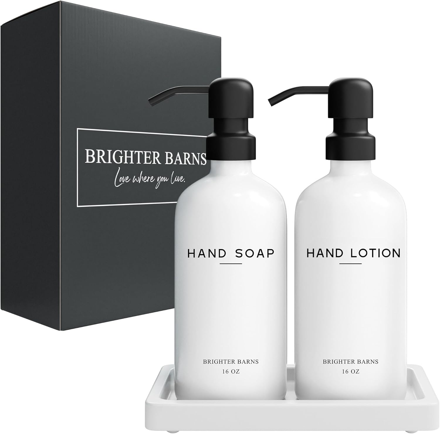 White Glass Soap and Lotion Dispenser Set with Tray by Brighter Barns - Hand Soap Dispenser Bathroom Set & Stainless Steel Pump for Home or Vacation Rental - White Bathroom Accessories & Decor (White)-7