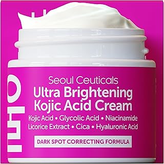 SeoulCeuticals Korean Kojic Acid Cream Dark Spot Remover + Glycolic Acid + Niacinamide + Cica + HA Moisturizer - Cruelty Free K Beauty Skincare 2oz