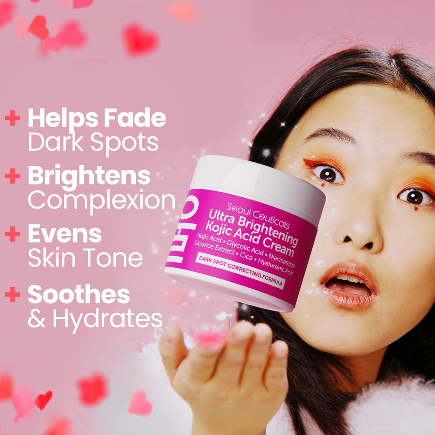 SeoulCeuticals Korean Kojic Acid Cream Dark Spot Remover + Glycolic Acid + Niacinamide + Cica + HA Moisturizer - Cruelty Free K Beauty Skincare 2oz-1