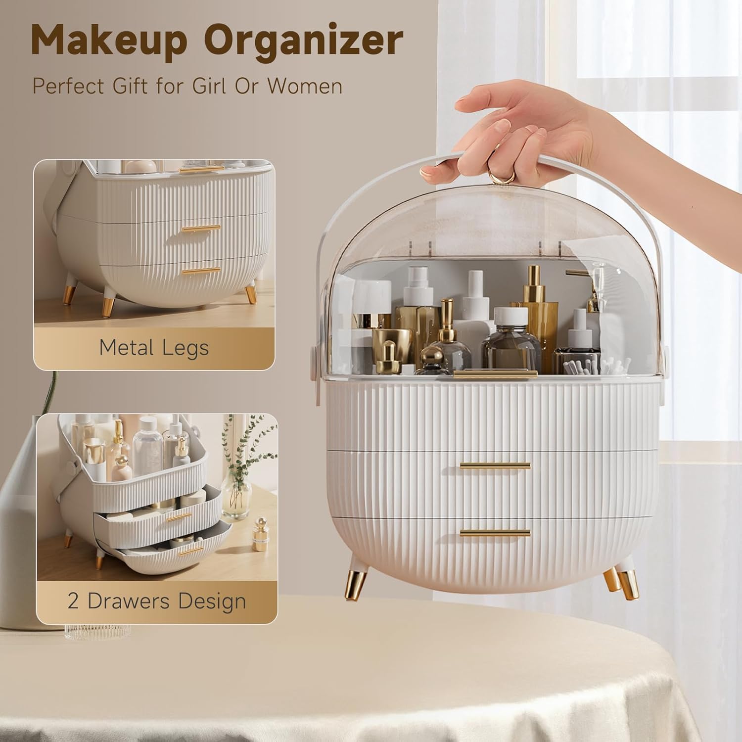 Makeup Storage Organizer with Lid, Waterproof Cosmetics Skincare Organizer for Vanity, Portable Makeup Storage Box for Countertop, Gifts, Women (White)-1